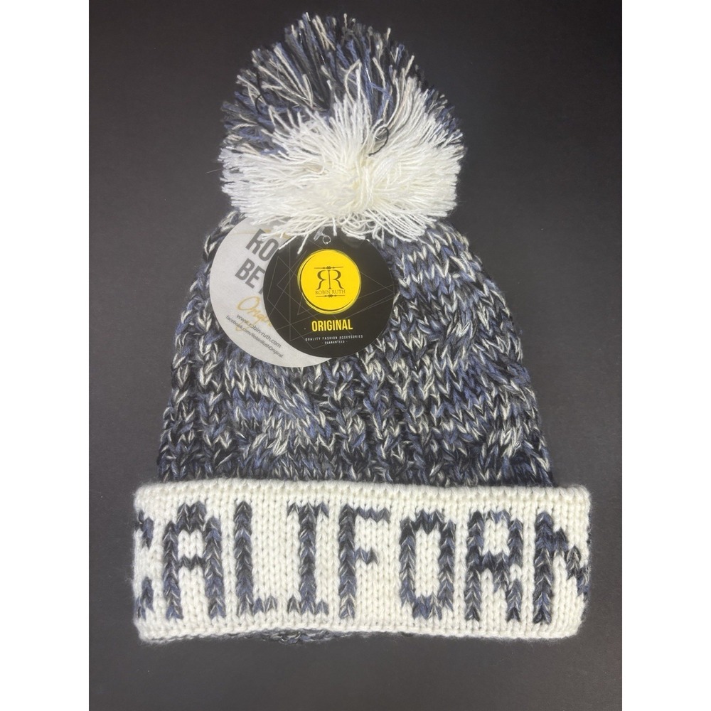 NWT Robin Ruth Pom Pom Beanie - California CA Winter Knit Hat Blue White Gray
